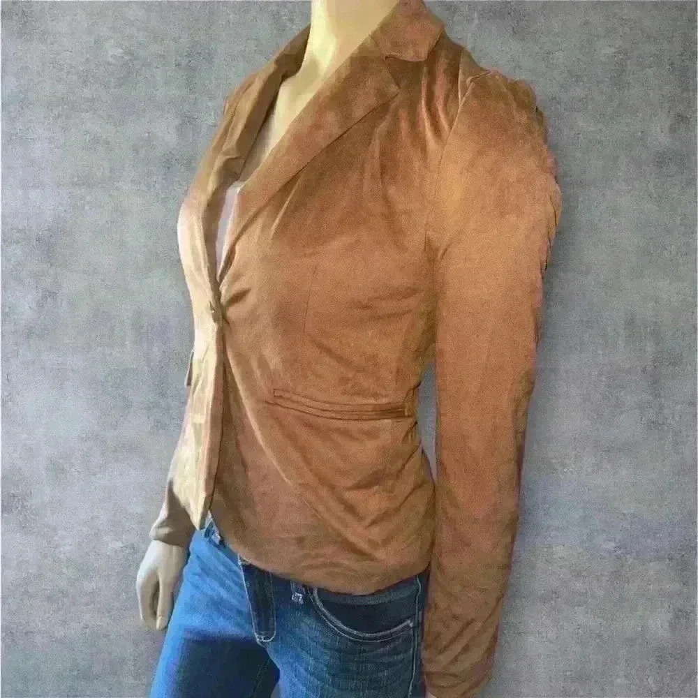 NWT Sincerely Jules Tan Faux Suede Blazer Buttoned Casual Jacket for Women Sz XS - Picture 2 of 8